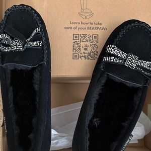 BearPaw Women's Black Moccasins with Rhinestone Bow